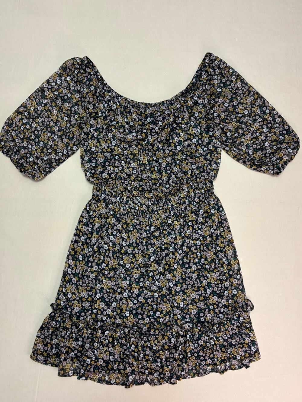 Sadie & Sage Black Floral Puff Sleeve Smocked Peasant Top Dress Women’s Medium